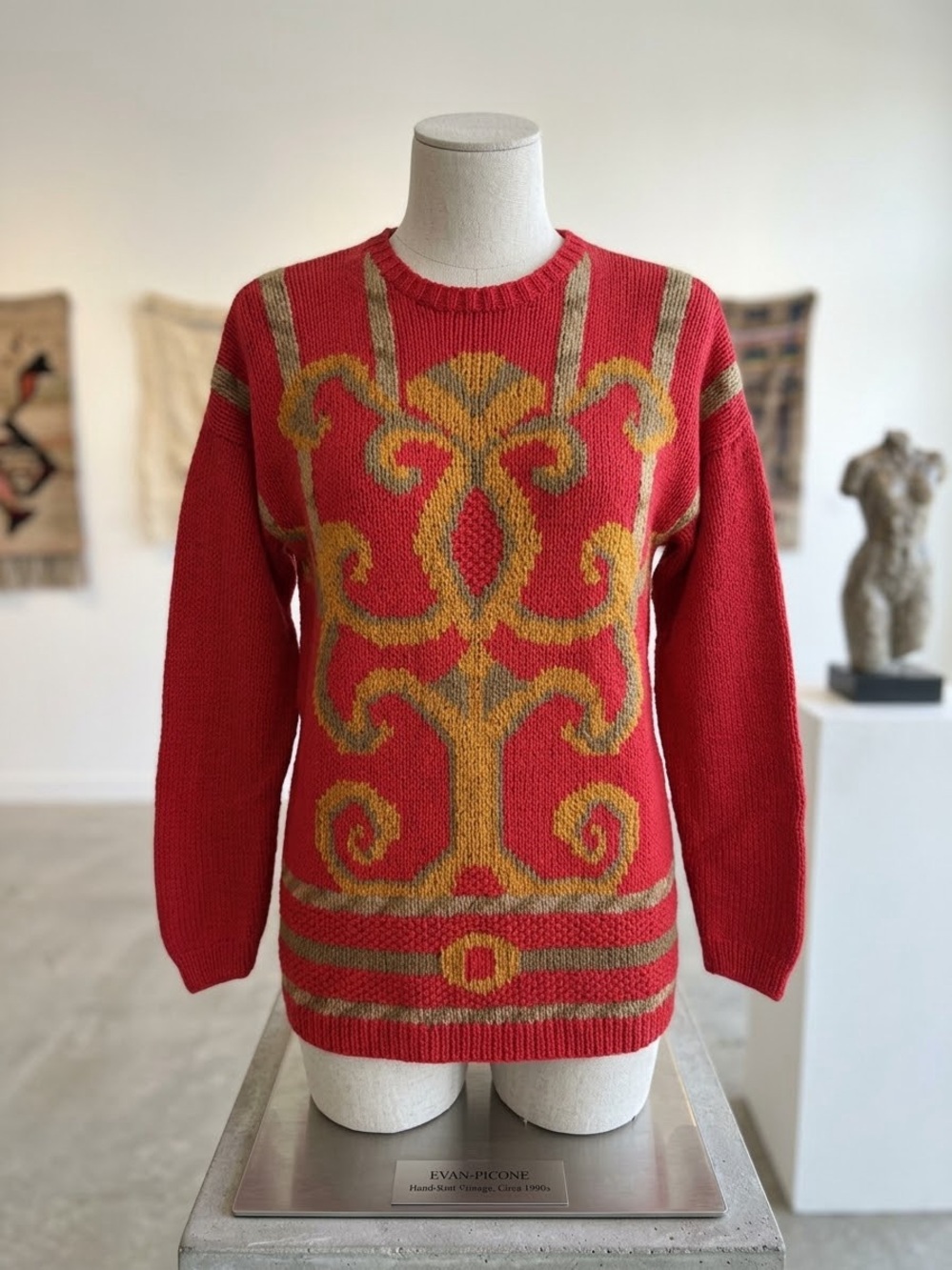 Evan Picone Red Sweater with Gold Scroll Motif